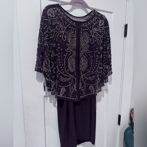 Betsy & Adam Beaded Chiffon Capelet Formal Gown – Plum / Eggplant